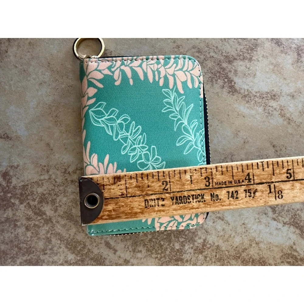 Leiohu Teal Floral Lei Accordion Card Holder Zip Around Wallet Gold Ring Pull
